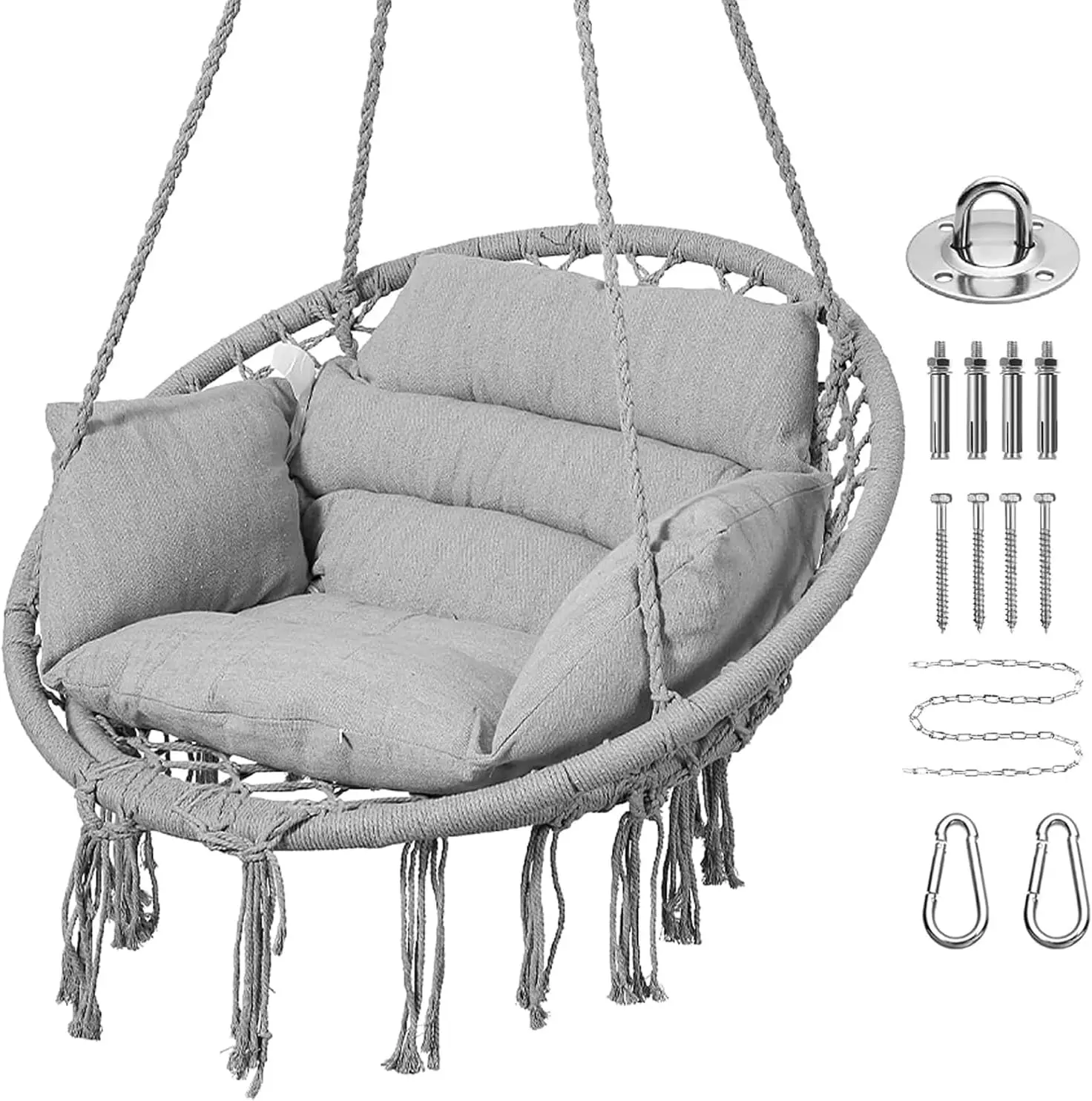 Macrame Hanging Swing Chair with Cushion, Boho Style for Indoor Outdoor Use, Light Grey
Macrame Hanging Swing Chair with Cushion, Boho Style for Indoor Outdoor Use, Light Grey
