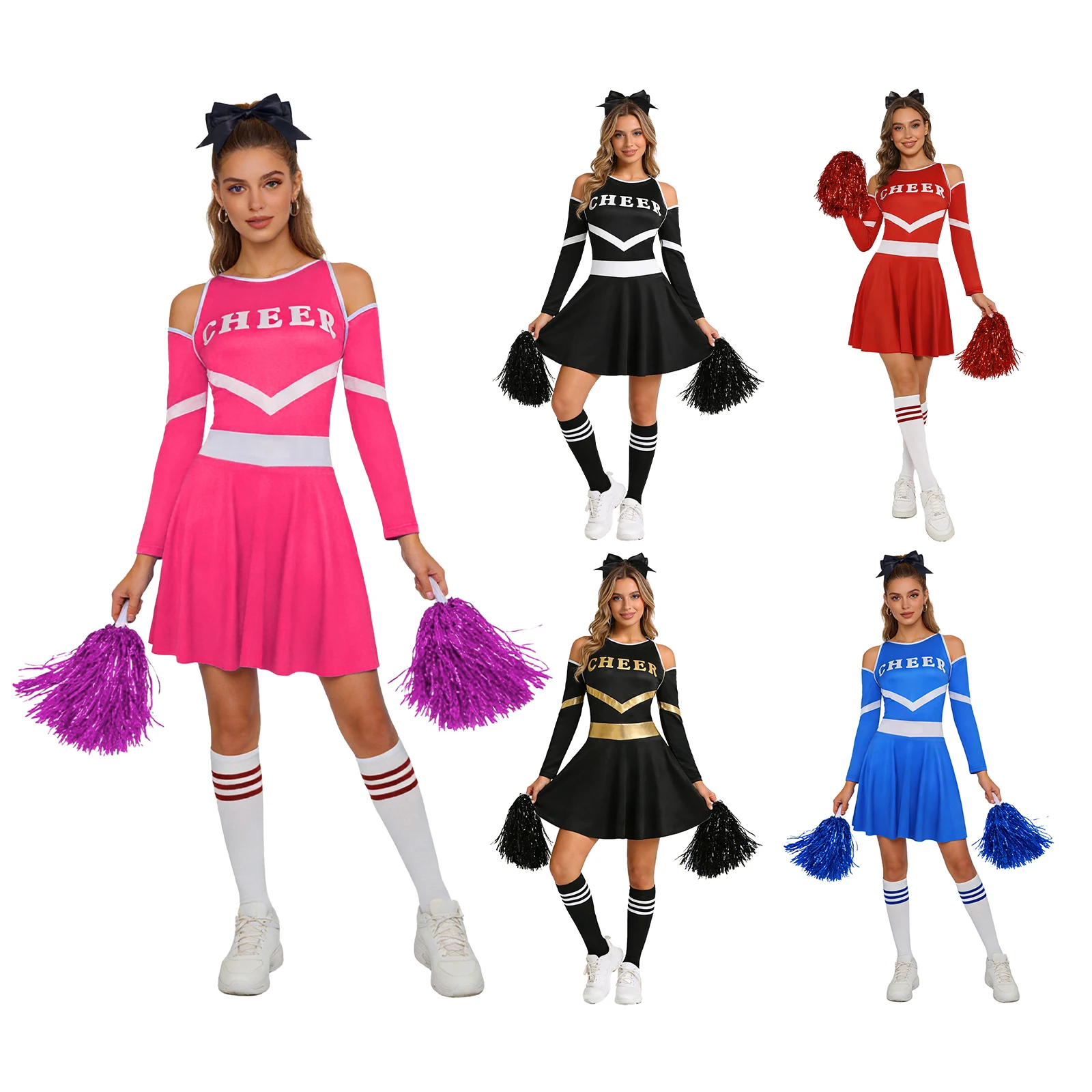 Womens Cheerleading Uniform Cold Shoulder Long Sleeve High School Cheerleader Dress with Stockings Bow Headband And Pom-poms
Womens Cheerleading Uniform Cold Shoulder Long Sleeve High School Cheerleader Dress with Stockings Bow Headband And Pom-poms