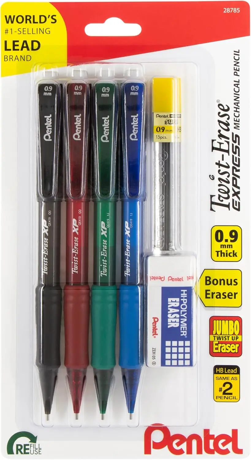 4-Pack 0.9mm Mechanical Pencils with Eraser, Assorted Colors, Comfort Grip
4-Pack 0.9mm Mechanical Pencils with Eraser, Assorted Colors, Comfort Grip