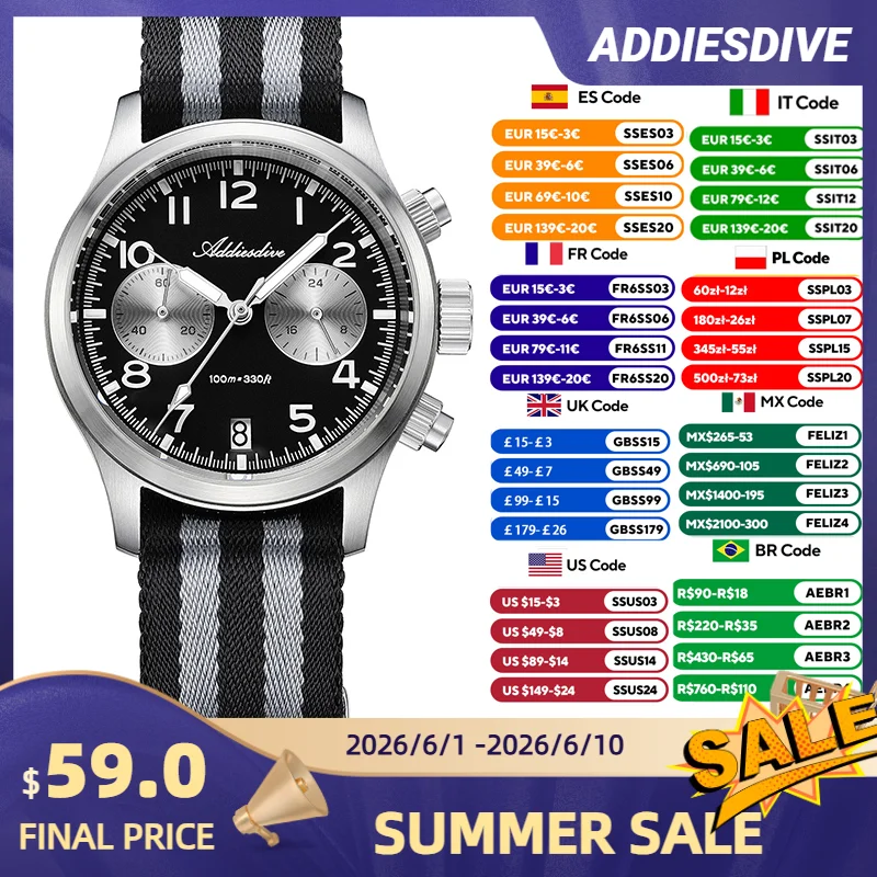ADDIESDIVE Sport Panda Mens Watches Quartz Chronograph Luxury Quartz Watch Business Nylon strap Waterproof Reloj Hombre 2025 New
ADDIESDIVE Sport Panda Mens Watches Quartz Chronograph Luxury Quartz Watch Business Nylon strap Waterproof Reloj Hombre 2025 New