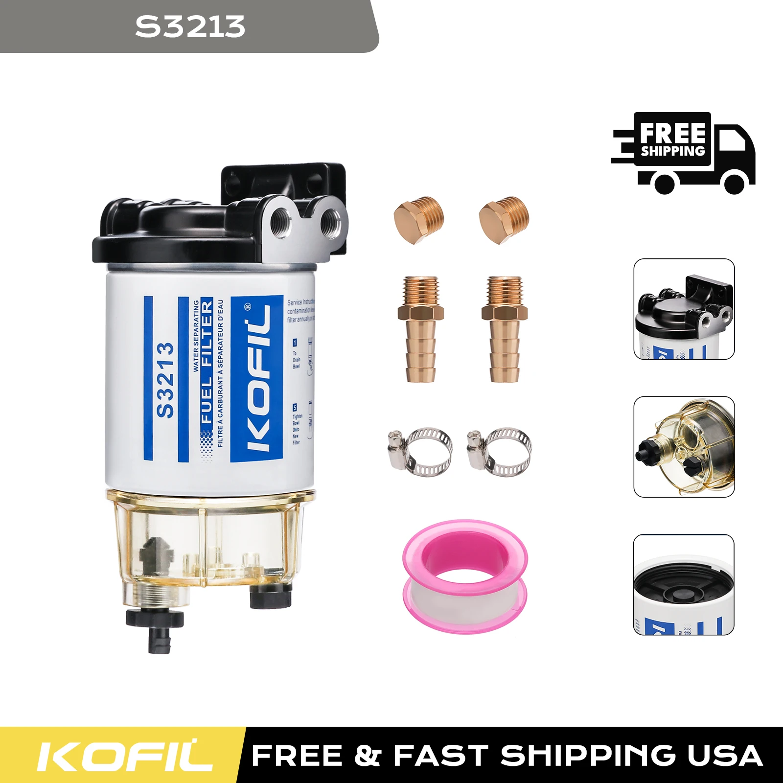 S3213 Fuel Water Separator Marine Assembly,for Outboard Motor Marine Engine, with 2 3/8" Barb × 1/4" NPT ,10 Micron
S3213 Fuel Water Separator Marine Assembly,for Outboard Motor Marine Engine, with 2 3/8" Barb × 1/4" NPT ,10 Micron