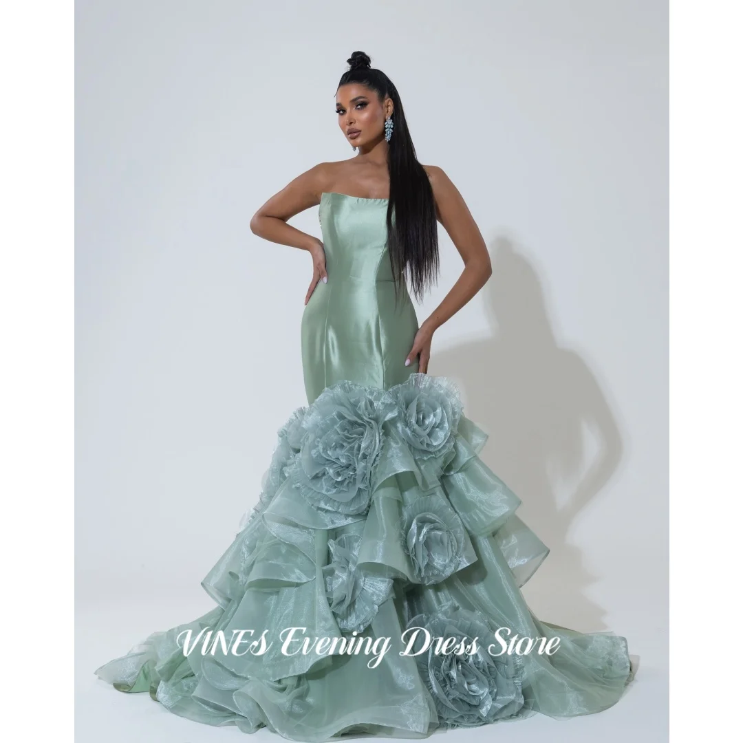 VINES Green Strapless Mermaid Prom Dress Satin Evening Dresses With 3D Organza Rose Layered Train Shiny Party Dress Customized
VINES Green Strapless Mermaid Prom Dress Satin Evening Dresses With 3D Organza Rose Layered Train Shiny Party Dress Customized