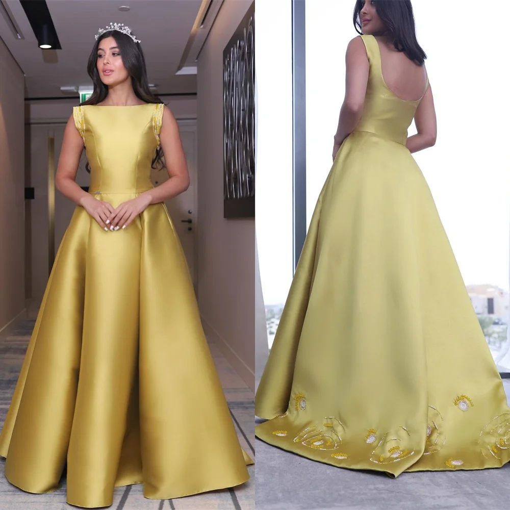 Customized Fashion Yellow Satin Evening Dress Exquisite Scoop Cap Sleeve Sleeveless Backless Open Back Special Occasion Gowns
Customized Fashion Yellow Satin Evening Dress Exquisite Scoop Cap Sleeve Sleeveless Backless Open Back Special Occasion Gowns