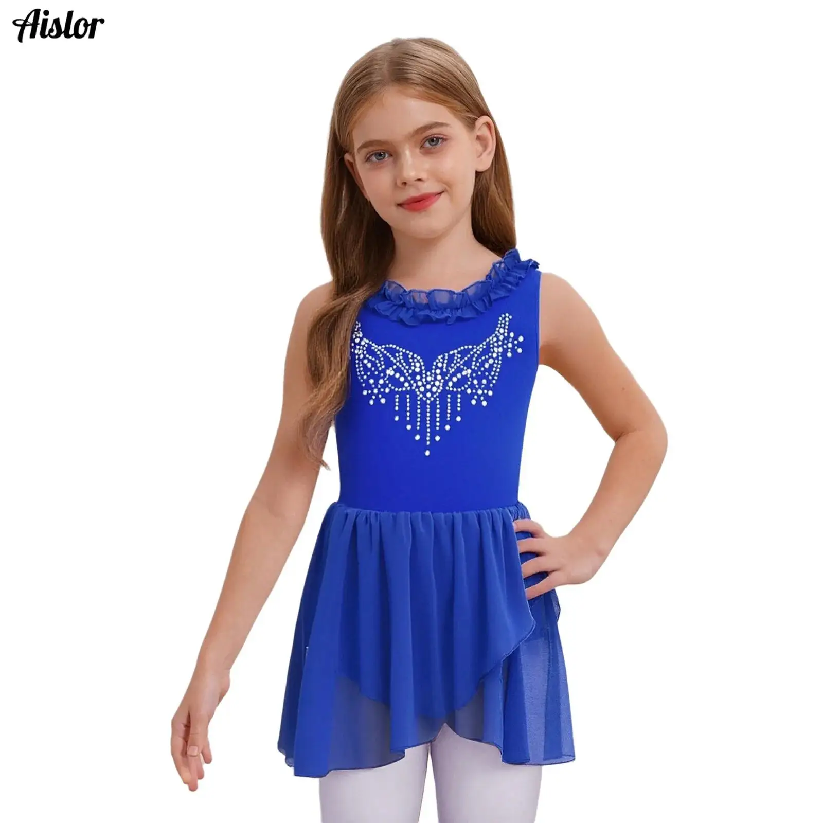 Kids Girls Ballet Dance Dress Sparkling Rhinestones Ruffled Collar Sleeveless U-Back Leotard Dress for Performance Competition
Kids Girls Ballet Dance Dress Sparkling Rhinestones Ruffled Collar Sleeveless U-Back Leotard Dress for Performance Competition