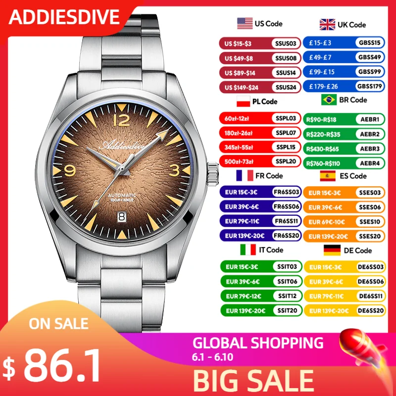 ADDIESDIVE New Men's Watch Luxury 39mm Automatic Watch Bubble Domed Glass 100m Waterproof Super Luminous Men Watch Mechanical
ADDIESDIVE New Men's Watch Luxury 39mm Automatic Watch Bubble Domed Glass 100m Waterproof Super Luminous Men Watch Mechanical