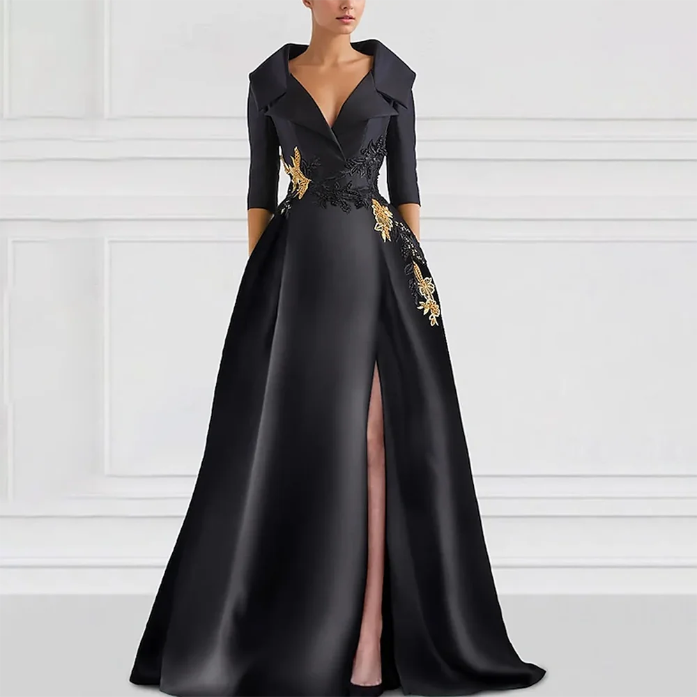 Black Ladies' Suit Formal Evening Dress V-Neck Half Sleeves Evening Gowns Bead Applique Satin Thigh Slit Party Dress Customized
Black Ladies' Suit Formal Evening Dress V-Neck Half Sleeves Evening Gowns Bead Applique Satin Thigh Slit Party Dress Customized