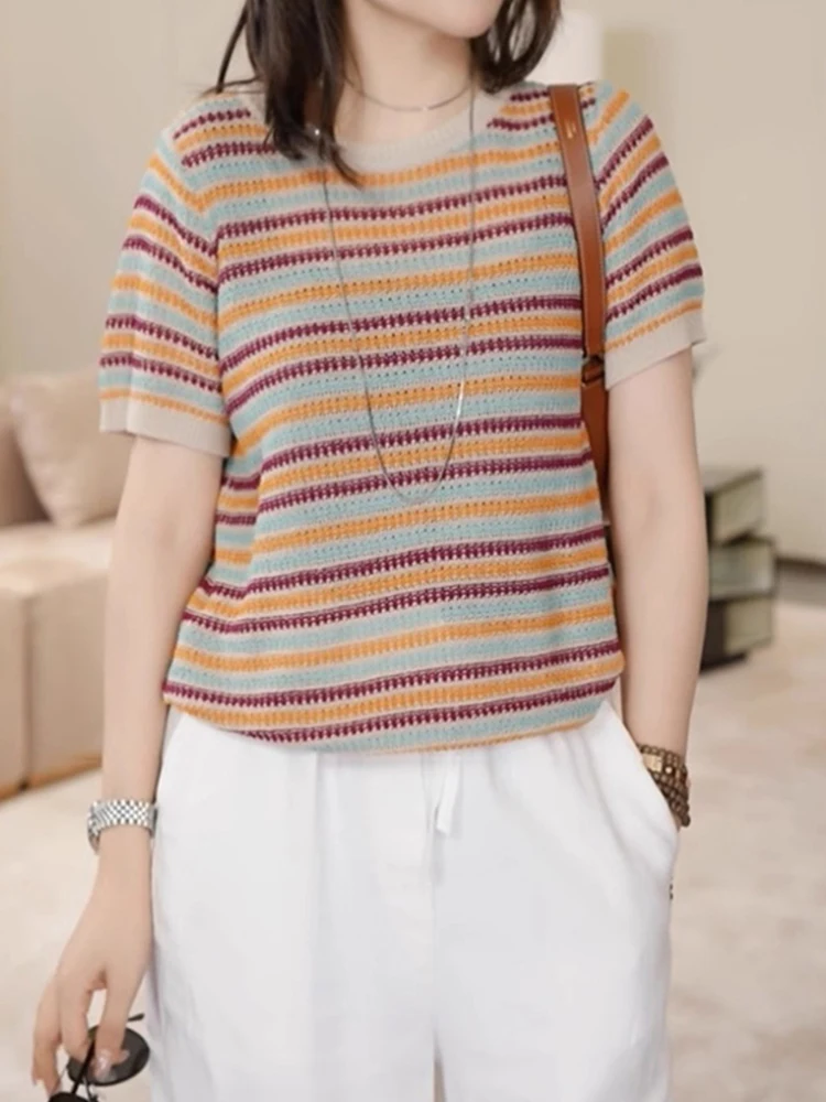 Loose Casual Ice Silk Knitted T-Shirt Short Sleeve round Neck Stripe Design Anti-Aging Women's Summer Top
Loose Casual Ice Silk Knitted T-Shirt Short Sleeve round Neck Stripe Design Anti-Aging Women's Summer Top