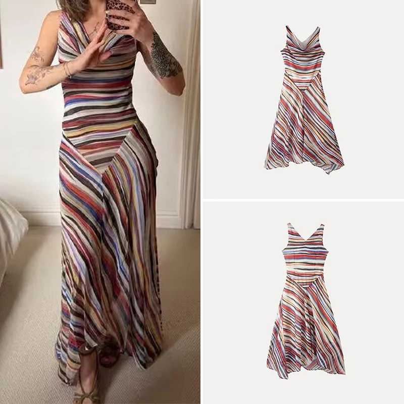 Fashionable Striped Uneven Hem Dress Women's Summer Clothing Neckline Flip Collar Sleeveless Neutral Style Casual Wear
Fashionable Striped Uneven Hem Dress Women's Summer Clothing Neckline Flip Collar Sleeveless Neutral Style Casual Wear