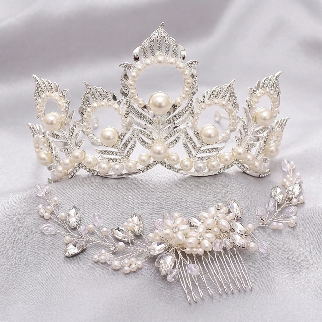 Alloy Bridal Crown for Wedding Party Silver Leaf Headpiece with Faux Pearl Hair Comb Set Vintage Romantic Jewelry Accessories
Alloy Bridal Crown for Wedding Party Silver Leaf Headpiece with Faux Pearl Hair Comb Set Vintage Romantic Jewelry Accessories