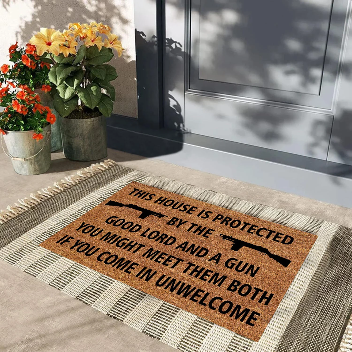 This House If Protected By The Good Lord Gun Funny Doormat for Entrance Way,Non-Slip Rubber Floor Mat, Housewarming Welcome Mat
This House If Protected By The Good Lord Gun Funny Doormat for Entrance Way,Non-Slip Rubber Floor Mat, Housewarming Welcome Mat