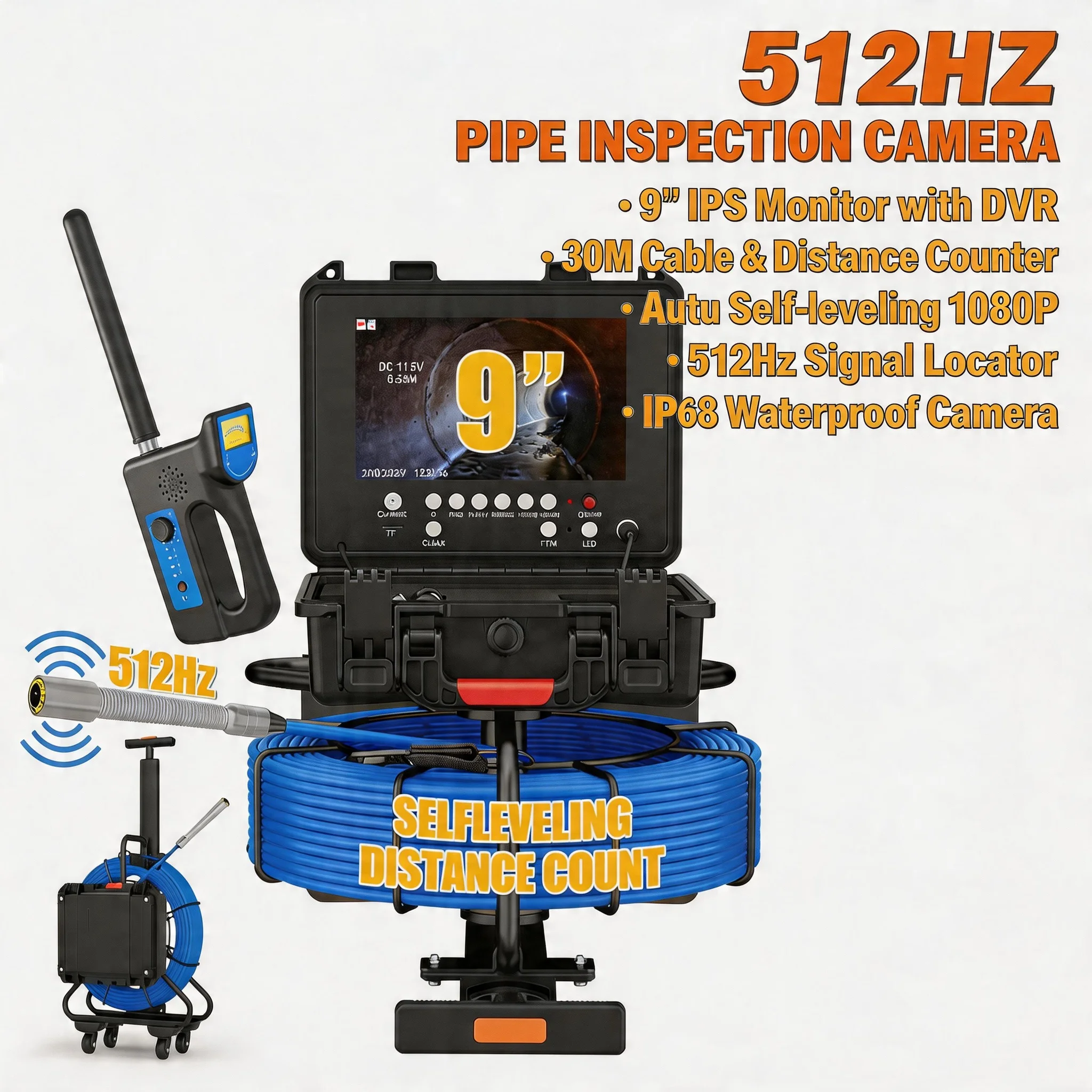 9" Trolley Sewer Camera 7mm 512Hz Locator DVR AHD 1080P Self-Leveling IP68 Drain Pipe Inspection Video Endoscope Meter Counter
9" Trolley Sewer Camera 7mm 512Hz Locator DVR AHD 1080P Self-Leveling IP68 Drain Pipe Inspection Video Endoscope Meter Counter