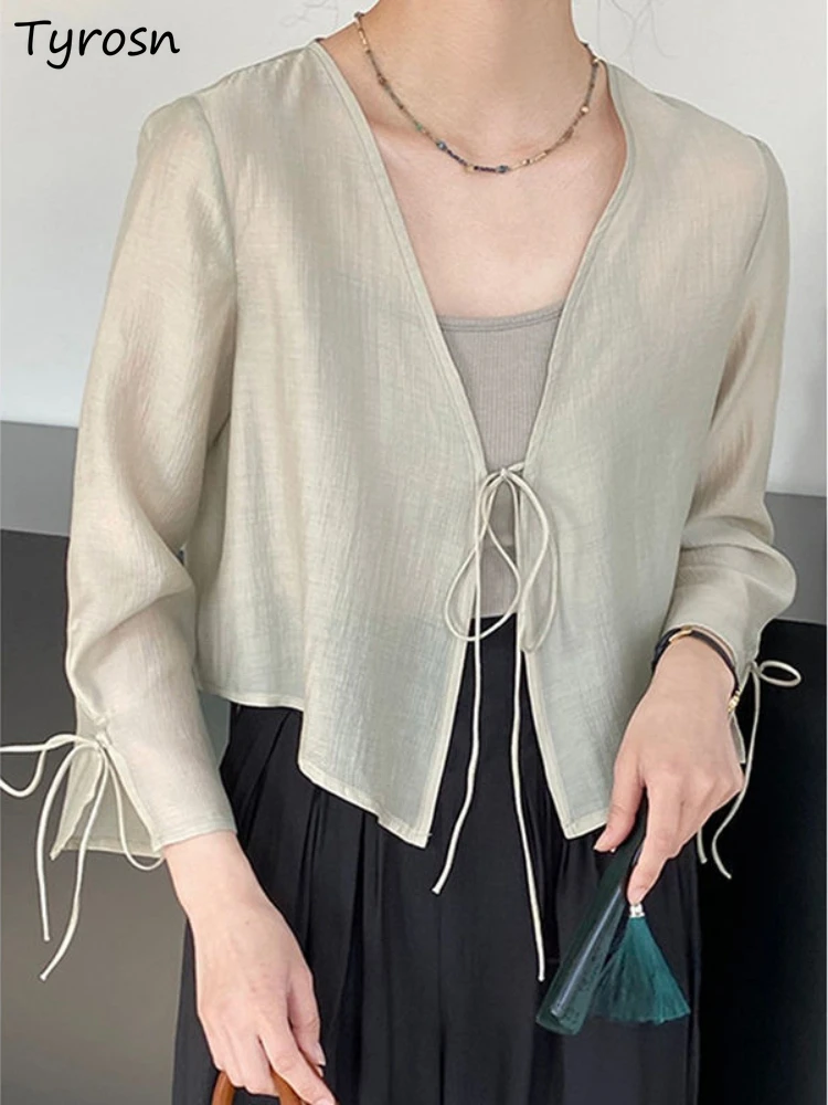Jackets Women Summer Thin Simple All-match Design Leisure Loose V-neck Lace-up Korean Style Elegant Fashion Mature Ladies Daily
Jackets Women Summer Thin Simple All-match Design Leisure Loose V-neck Lace-up Korean Style Elegant Fashion Mature Ladies Daily