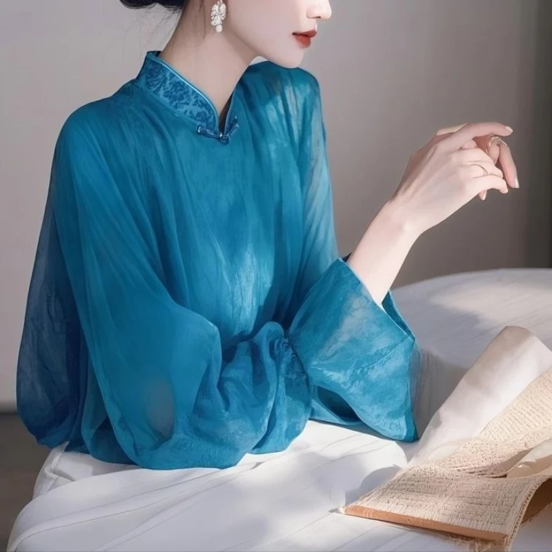 2025 Spring Fall Women Embroidery Stand Collar Flare Sleeve Chinese Style Blue Chiffon Top Shirt , Woman Vintage Tops Shirts
2025 Spring Fall Women Embroidery Stand Collar Flare Sleeve Chinese Style Blue Chiffon Top Shirt , Woman Vintage Tops Shirts
