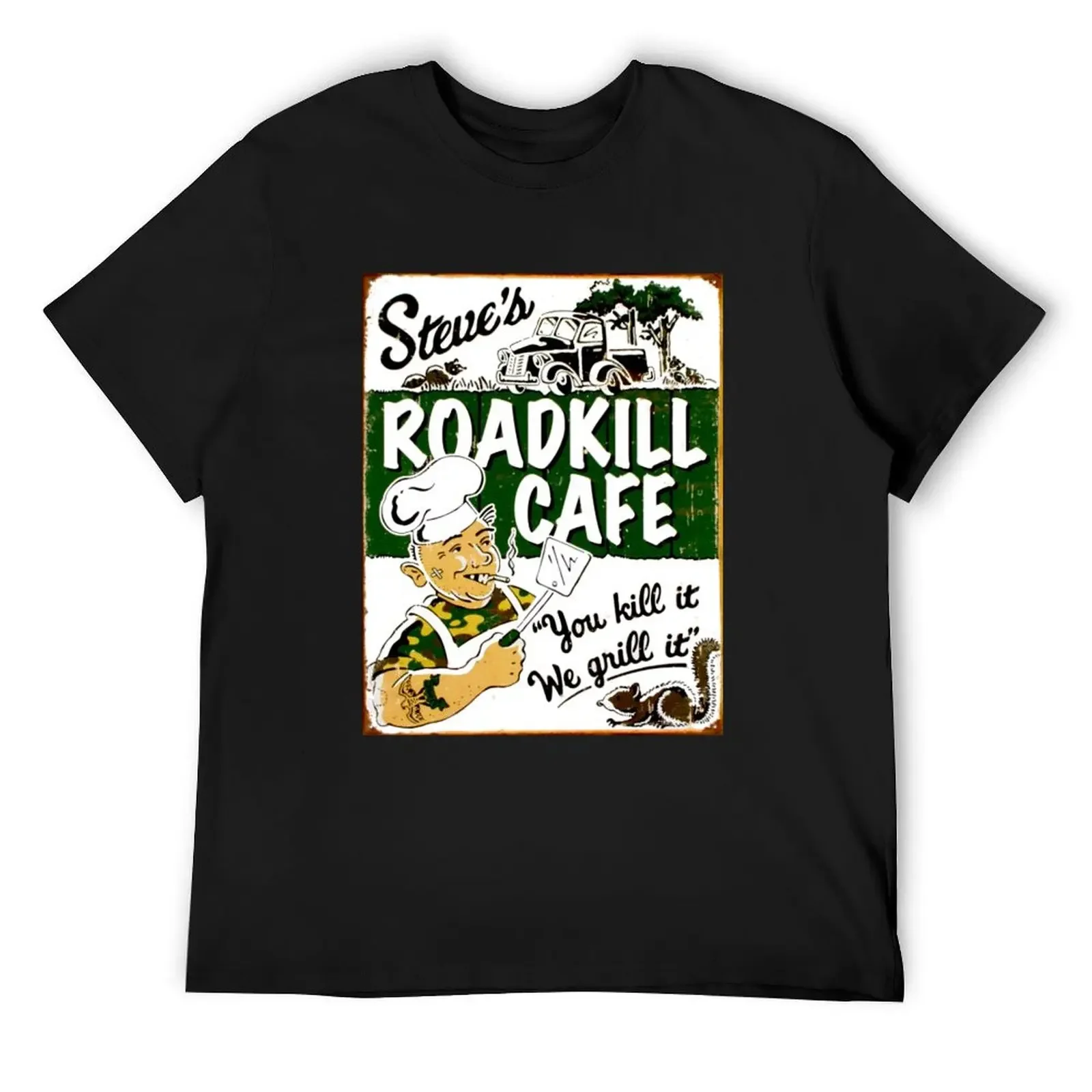 STEVES ROADKILL CAFE; Vintage Advertising Restaurant Print T-Shirt quick-drying football t shirt tshirts for men
STEVES ROADKILL CAFE; Vintage Advertising Restaurant Print T-Shirt quick-drying football t shirt tshirts for men