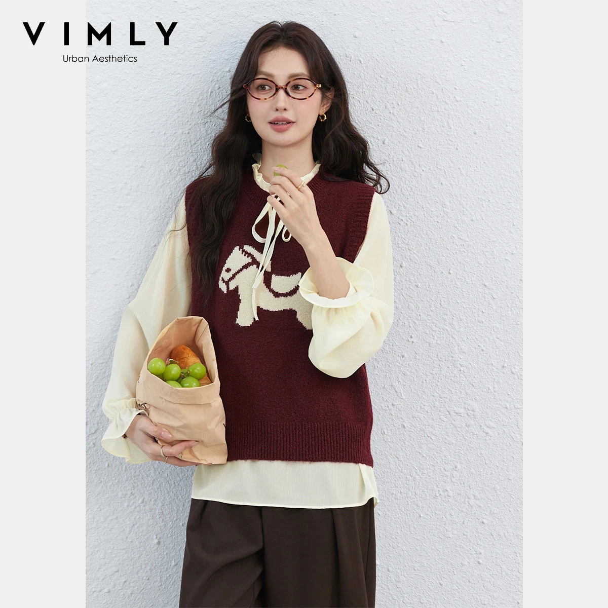 VIMLY Women's Fashion Two-Piece Set Embroidery Knit Vest Lace-Up Flare Sleeve Shirt O-Neck Contrast Color Long Sleeve Sets 30799
VIMLY Women's Fashion Two-Piece Set Embroidery Knit Vest Lace-Up Flare Sleeve Shirt O-Neck Contrast Color Long Sleeve Sets 30799