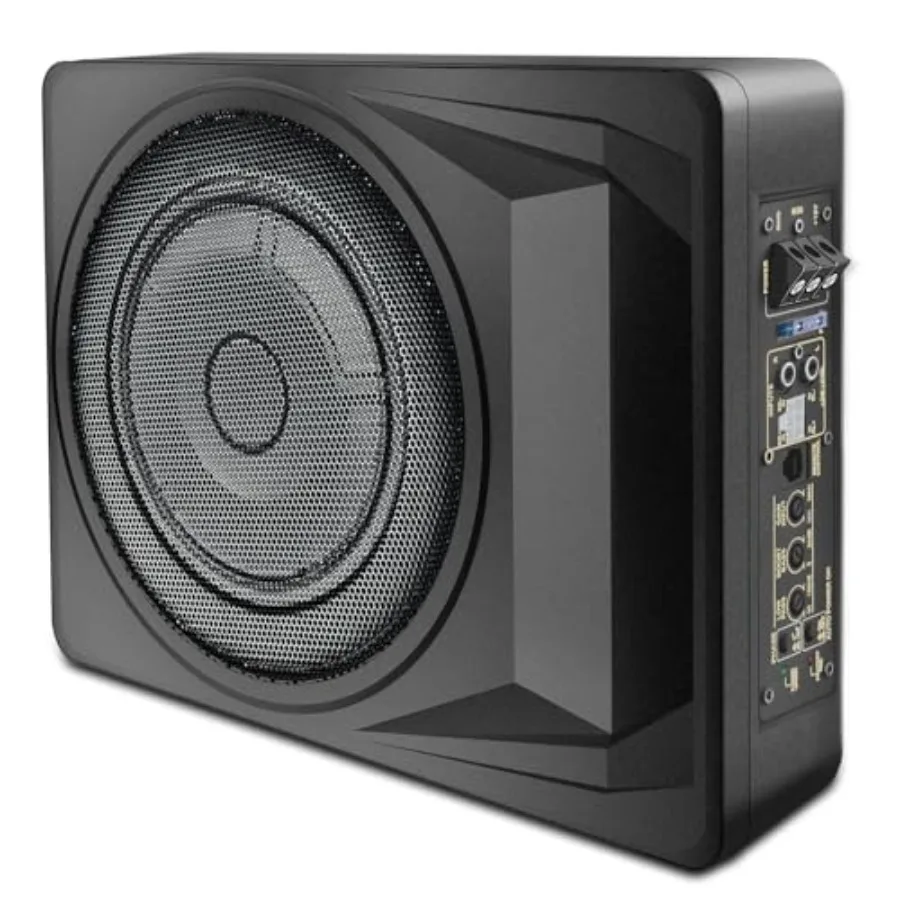 Car subwoofer package: 1200W powered 10-inch slim under-seat subwoofer with amp, black aluminum chassis, high/low-level inputs
Car subwoofer package: 1200W powered 10-inch slim under-seat subwoofer with amp, black aluminum chassis, high/low-level inputs