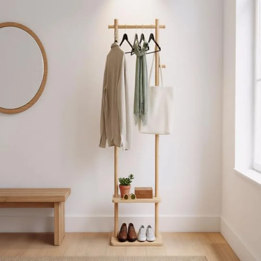 Wooden Coat Rack FreestandingHall Tree with Sturdy Base Clothing Rack for Hanging Clothes Small Clothes Rack with 3 Storage She
Wooden Coat Rack FreestandingHall Tree with Sturdy Base Clothing Rack for Hanging Clothes Small Clothes Rack with 3 Storage She