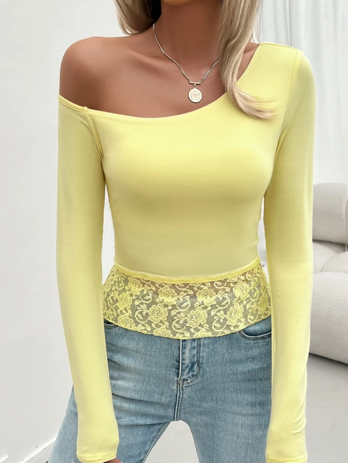 Women's Lace Patchwork Hem Design, Slim Fit, Slanted Collar, Off Shoulder Long Sleeves Sexy Temperament, Fashion Solid Color Top
Women's Lace Patchwork Hem Design, Slim Fit, Slanted Collar, Off Shoulder Long Sleeves Sexy Temperament, Fashion Solid Color Top