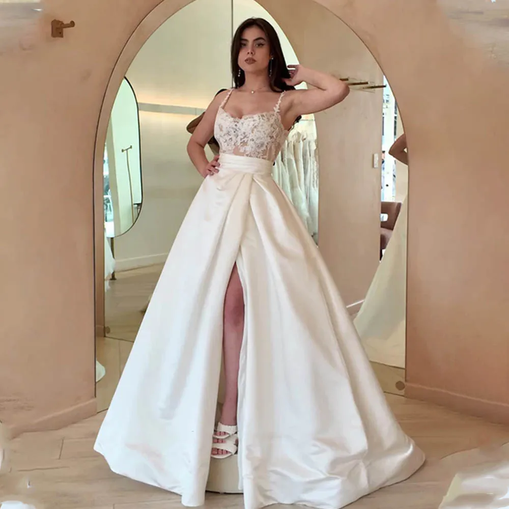 Vintage Spaghetti Straps Sweetheart Lace Appliqye Bridal Grown A Line Wedding Dresses Side Slit Custom Made 2026 Rode De Morrie
Vintage Spaghetti Straps Sweetheart Lace Appliqye Bridal Grown A Line Wedding Dresses Side Slit Custom Made 2026 Rode De Morrie