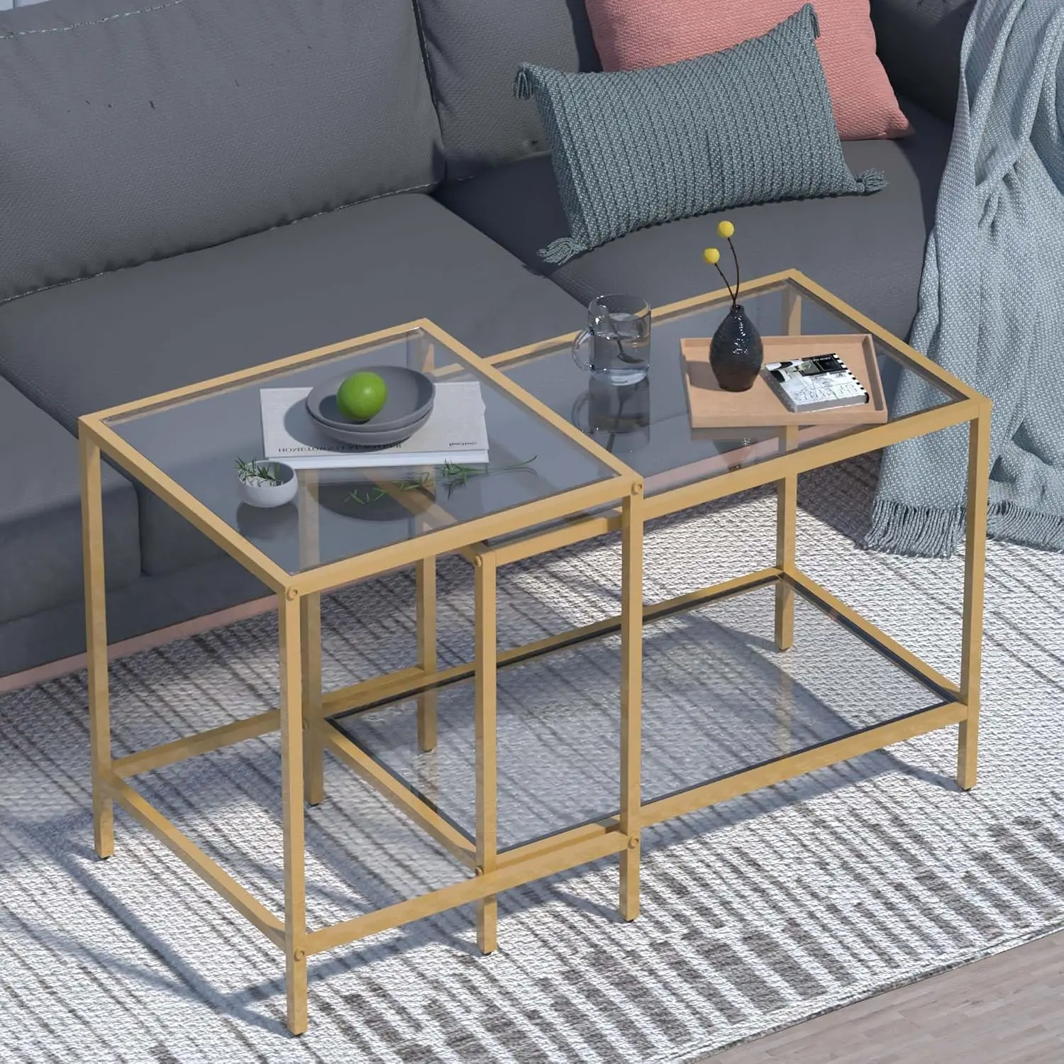 Gold Glass Nesting Coffee Table Set of 2, Modern Square Center Table for Living Room and Small Spaces
Gold Glass Nesting Coffee Table Set of 2, Modern Square Center Table for Living Room and Small Spaces