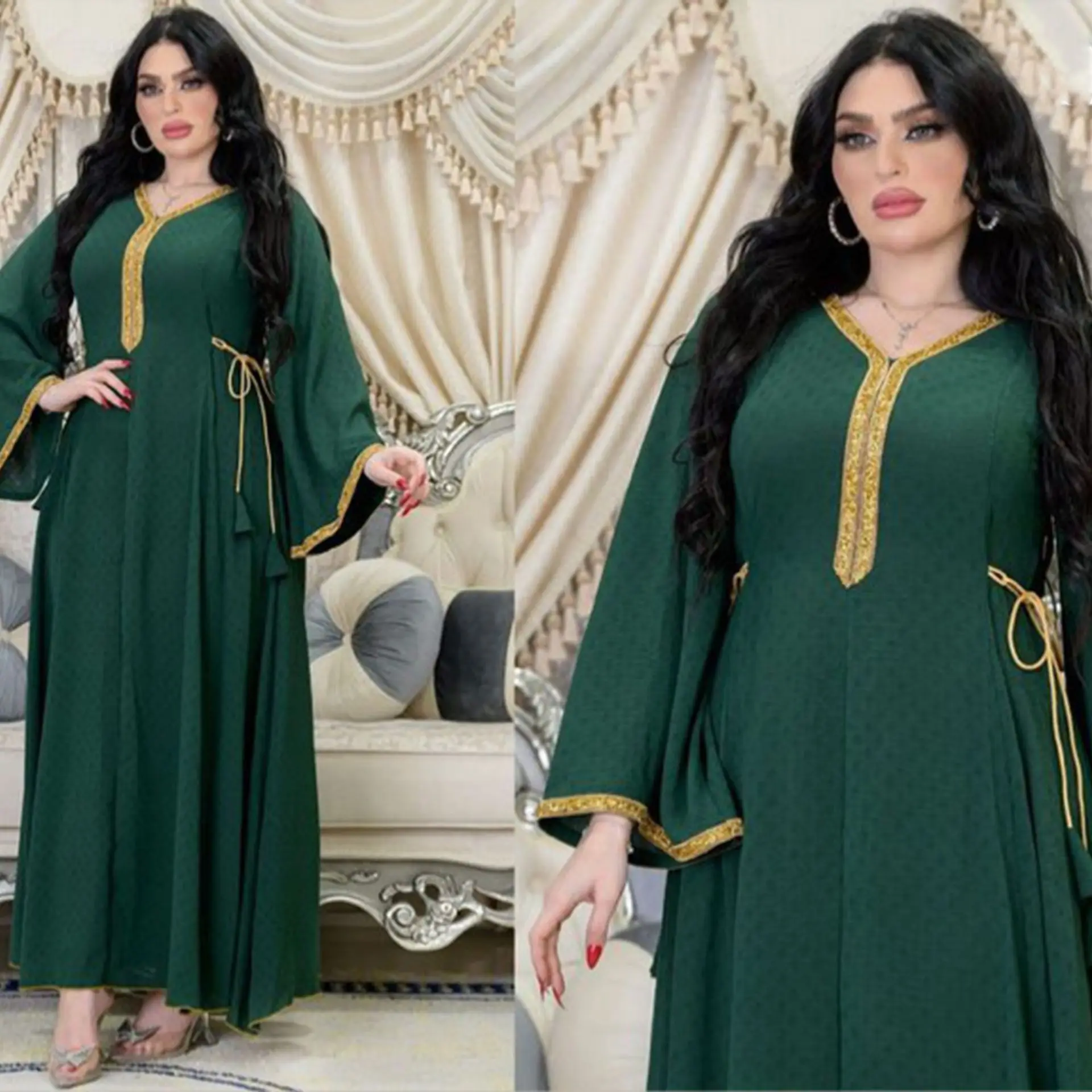 Ramadan Dubai Women Solid Color Evening Dress Muslim Diamond Fashion Robes Moroccan Long Sleeve V Neck Casual Elegant Abaya 2025
Ramadan Dubai Women Solid Color Evening Dress Muslim Diamond Fashion Robes Moroccan Long Sleeve V Neck Casual Elegant Abaya 2025