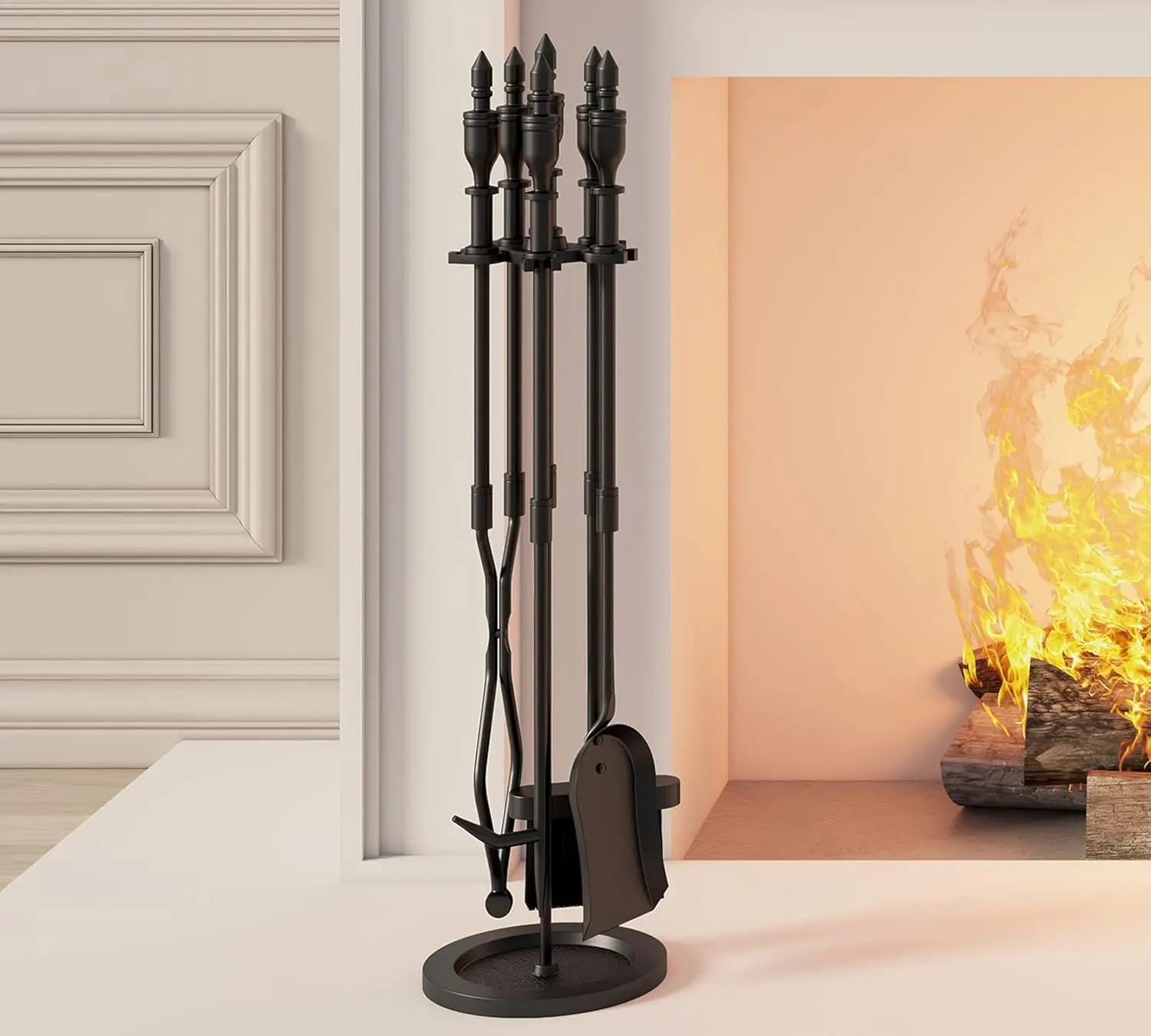 5-Piece Wrought Iron Fireplace Tools Set with Handles for Indoor and Outdoor Use, Includes Poker, Tongs, Shovel, Brush
5-Piece Wrought Iron Fireplace Tools Set with Handles for Indoor and Outdoor Use, Includes Poker, Tongs, Shovel, Brush