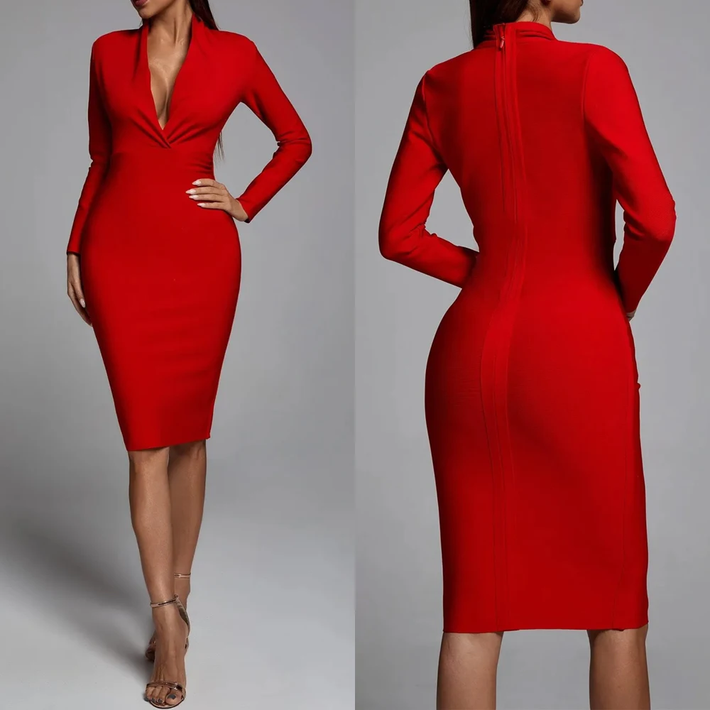 Customized V-neck Cherry Red Midi Dress A-Line Evening Dresses Long Sleeve Formal Exquisite High Quality Prom Party Gowns Women
Customized V-neck Cherry Red Midi Dress A-Line Evening Dresses Long Sleeve Formal Exquisite High Quality Prom Party Gowns Women