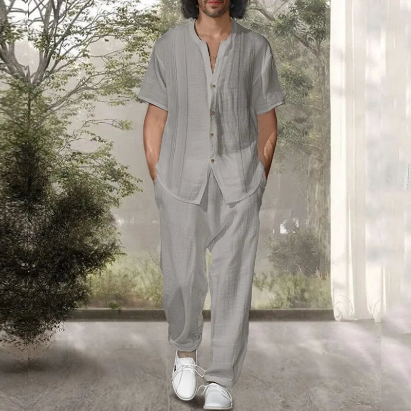 Summer Leisure Breathable Two Piece Sets Men Vintage O Neck Buttoned Shirts And Pants Outfits Mens New Casual Solid Color Suits
Summer Leisure Breathable Two Piece Sets Men Vintage O Neck Buttoned Shirts And Pants Outfits Mens New Casual Solid Color Suits