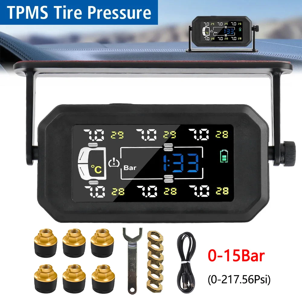 Solar TPMS 8Bar/15Bar 6 Wheels Sensor Tire Pressure Monitor Temperature Clock Display Alarm For Car/RV/Truck
Solar TPMS 8Bar/15Bar 6 Wheels Sensor Tire Pressure Monitor Temperature Clock Display Alarm For Car/RV/Truck