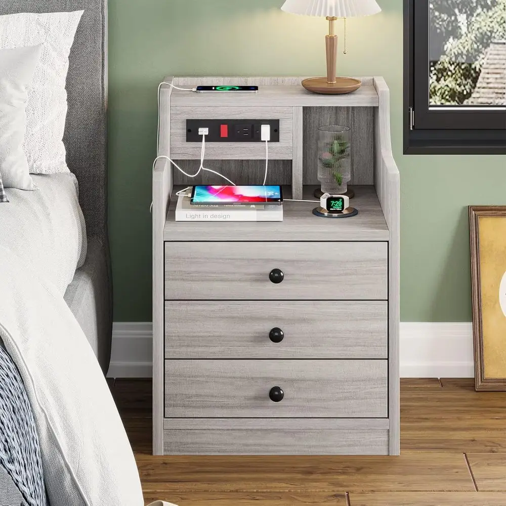 Grey Bedroom Nightstand with Charging Station, Hutch, and Storage Drawers for End Table Use
Grey Bedroom Nightstand with Charging Station, Hutch, and Storage Drawers for End Table Use