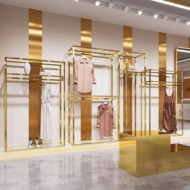 Custom Stainless Steel Boutique Gold Clothing Racks Garment Metal Shelf Women Store Dress Display Stands for Clothes Shops
Custom Stainless Steel Boutique Gold Clothing Racks Garment Metal Shelf Women Store Dress Display Stands for Clothes Shops