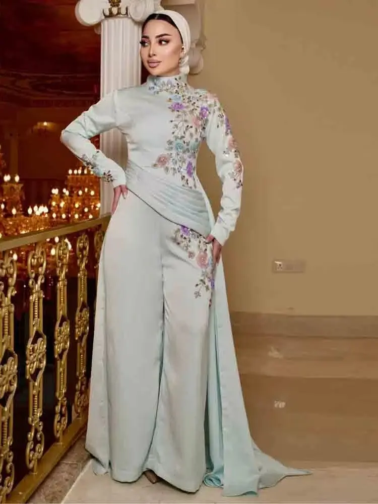 Customized Floral Embroidery Jumpsuit Evening Dress 2026 Long Sleeve High Neck Muslim Formal Outfit with Overskirt
Customized Floral Embroidery Jumpsuit Evening Dress 2026 Long Sleeve High Neck Muslim Formal Outfit with Overskirt