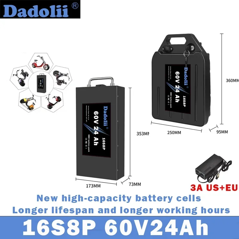 New 16S8P 60V 24Ah waterproof lithium battery suitable for 250W-2500W Harley two wheel folding Citycoco electric scooter
New 16S8P 60V 24Ah waterproof lithium battery suitable for 250W-2500W Harley two wheel folding Citycoco electric scooter