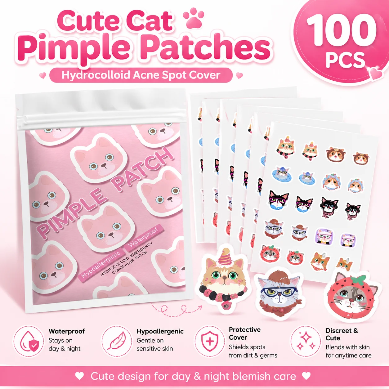 100pcs Cartoon acne patch, cute cat-shaped facial concealer acne patch, safe, non-toxic, gentle and non-irritating, suitable for
100pcs Cartoon acne patch, cute cat-shaped facial concealer acne patch, safe, non-toxic, gentle and non-irritating, suitable for