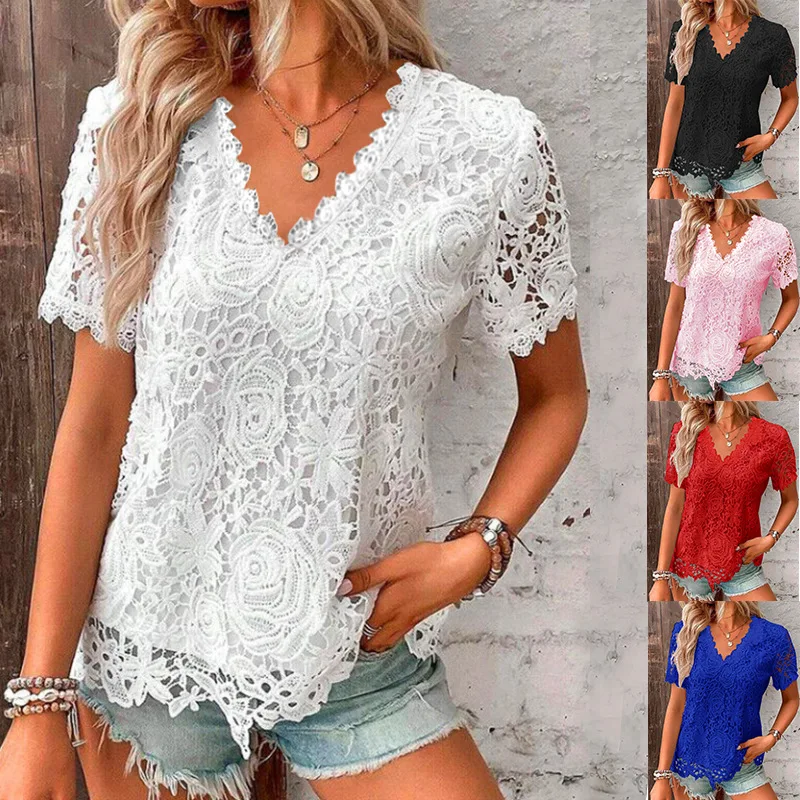 Summer New Blouse V-neck Elegant Lace Women's Casual Top Short Sleeved Flower Embroidered T-shirt 328
Summer New Blouse V-neck Elegant Lace Women's Casual Top Short Sleeved Flower Embroidered T-shirt 328