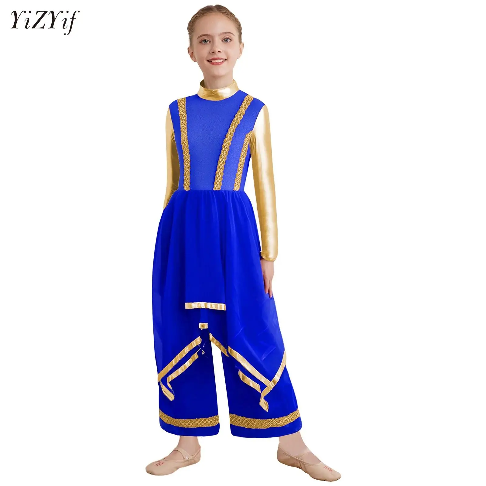 Kids Girls Worship Liturgical Praise Dancewear Shiny Metallic Wide-Leg Pants Long Bodysuit Dress Christian Prom Party Costumes
Kids Girls Worship Liturgical Praise Dancewear Shiny Metallic Wide-Leg Pants Long Bodysuit Dress Christian Prom Party Costumes