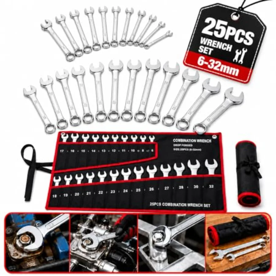 Wrench Set: 25-Piece Double Ended Hand Tool Kit with Canvas Roll Bag, High Carbon Steel Mechanics Tool Set for Auto Repair, Hom
Wrench Set: 25-Piece Double Ended Hand Tool Kit with Canvas Roll Bag, High Carbon Steel Mechanics Tool Set for Auto Repair, Hom