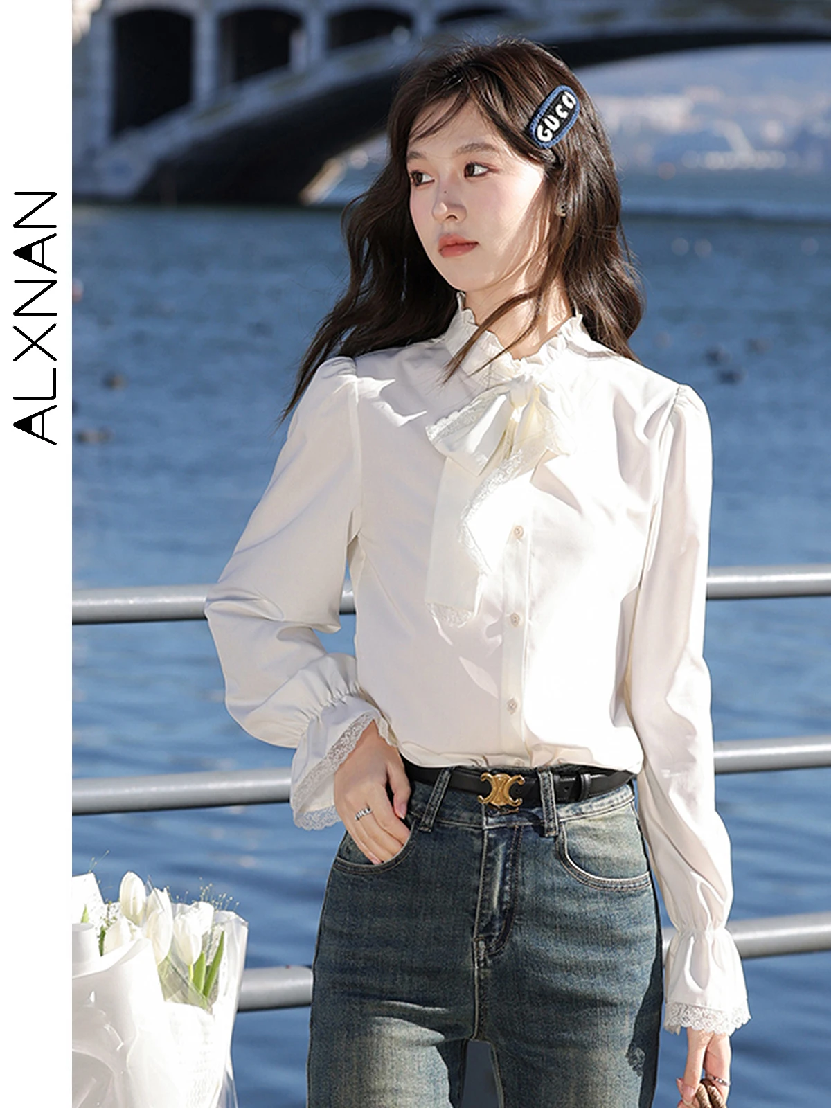 ALXNAN Элегантная женская рубашка, блузка с длинными рукавами и кружевным воротником с рюшами, осень 202, свободный крой, кружевные женские топы с бантом, L333111 
ALXNAN Элегантная женская рубашка, блузка с длинными рукавами и кружевным воротником с рюшами, осень 202, свободный крой, кружевные женские топы с бантом, L333111