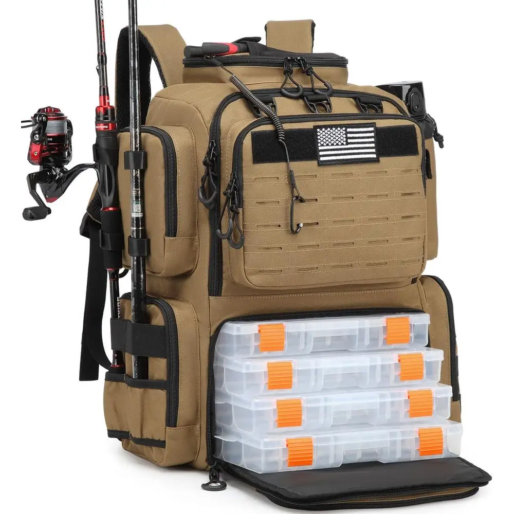 Large 50L Insulated Fishing Backpack with Tackle Boxes, Rod Holders, and Bottle Holders, Durable Brown Storage for Gear
Large 50L Insulated Fishing Backpack with Tackle Boxes, Rod Holders, and Bottle Holders, Durable Brown Storage for Gear