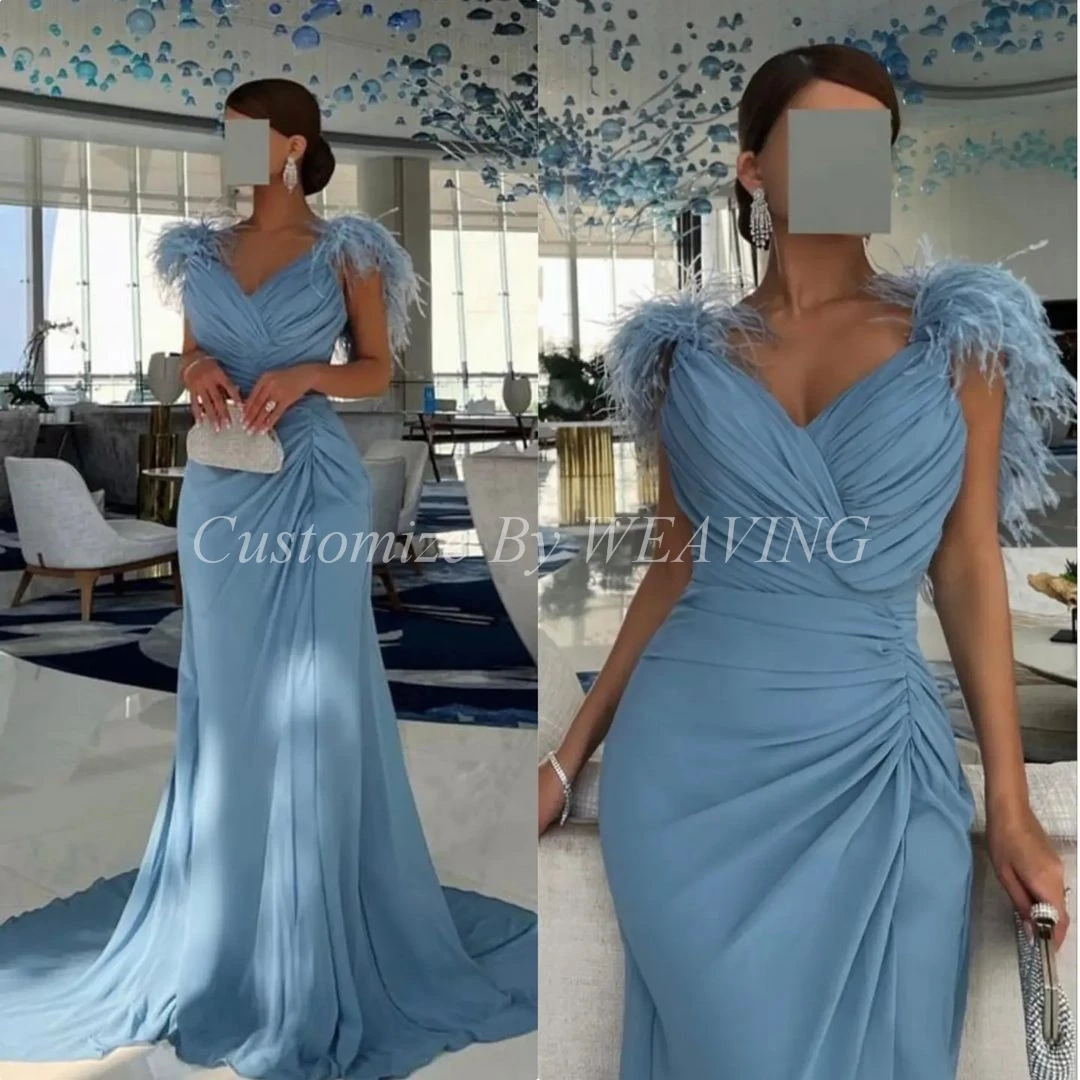 Smoke Blue Chiffon Long Prom Dresses V Neck Pleated Sweep Train Saudi Arabia Women Evening Party Dress
Smoke Blue Chiffon Long Prom Dresses V Neck Pleated Sweep Train Saudi Arabia Women Evening Party Dress