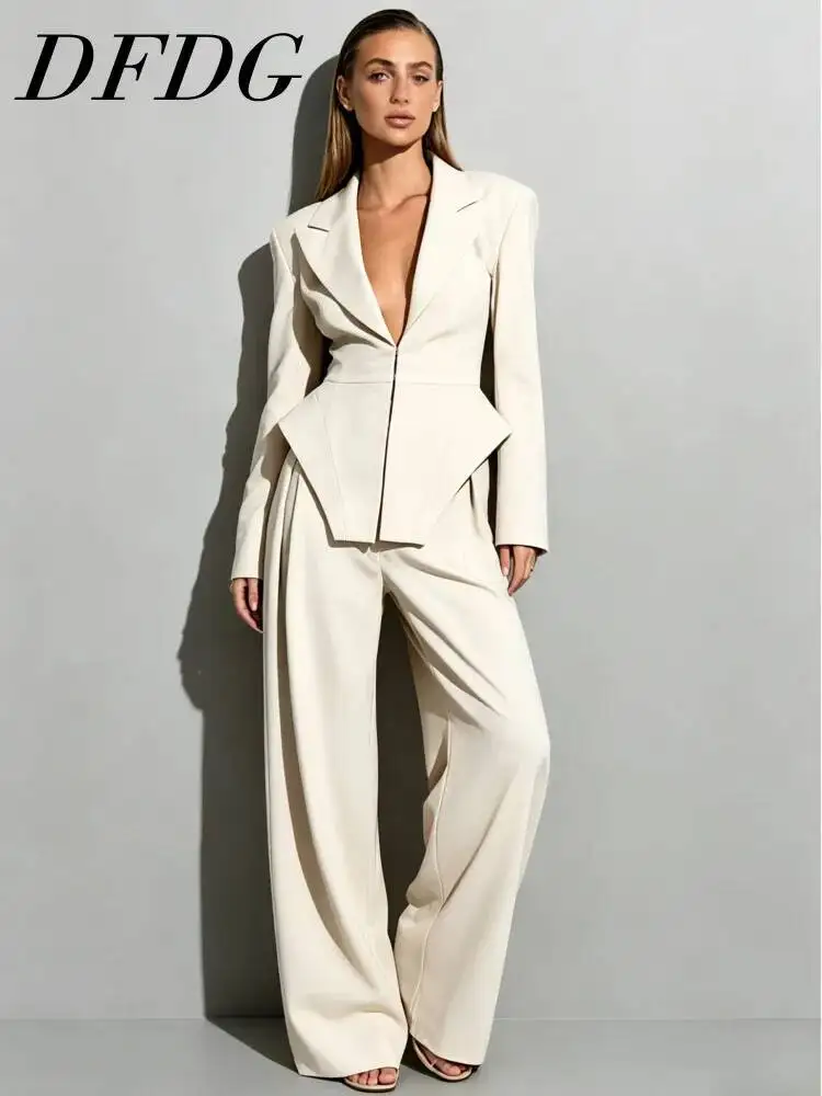 DFDG Women 2026 Spring Summer Two Piece Outfit Deep V Neck Tailored Peplum Blazer High Waist Wide Leg Pants Formal Suit
DFDG Women 2026 Spring Summer Two Piece Outfit Deep V Neck Tailored Peplum Blazer High Waist Wide Leg Pants Formal Suit
