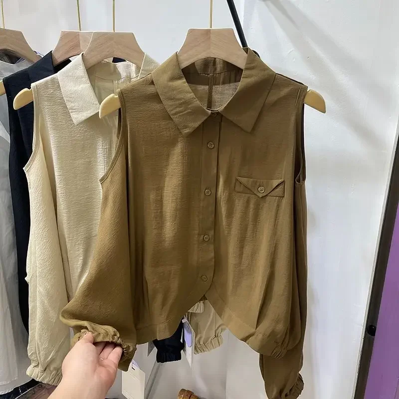 Рубашка с открытыми плечами и длинными рукавами с лацканами для женщин, весна 2024, новая корейская рубашка, уникальный топ
Рубашка с открытыми плечами и длинными рукавами с лацканами для женщин, весна 2024, новая корейская рубашка, уникальный топ