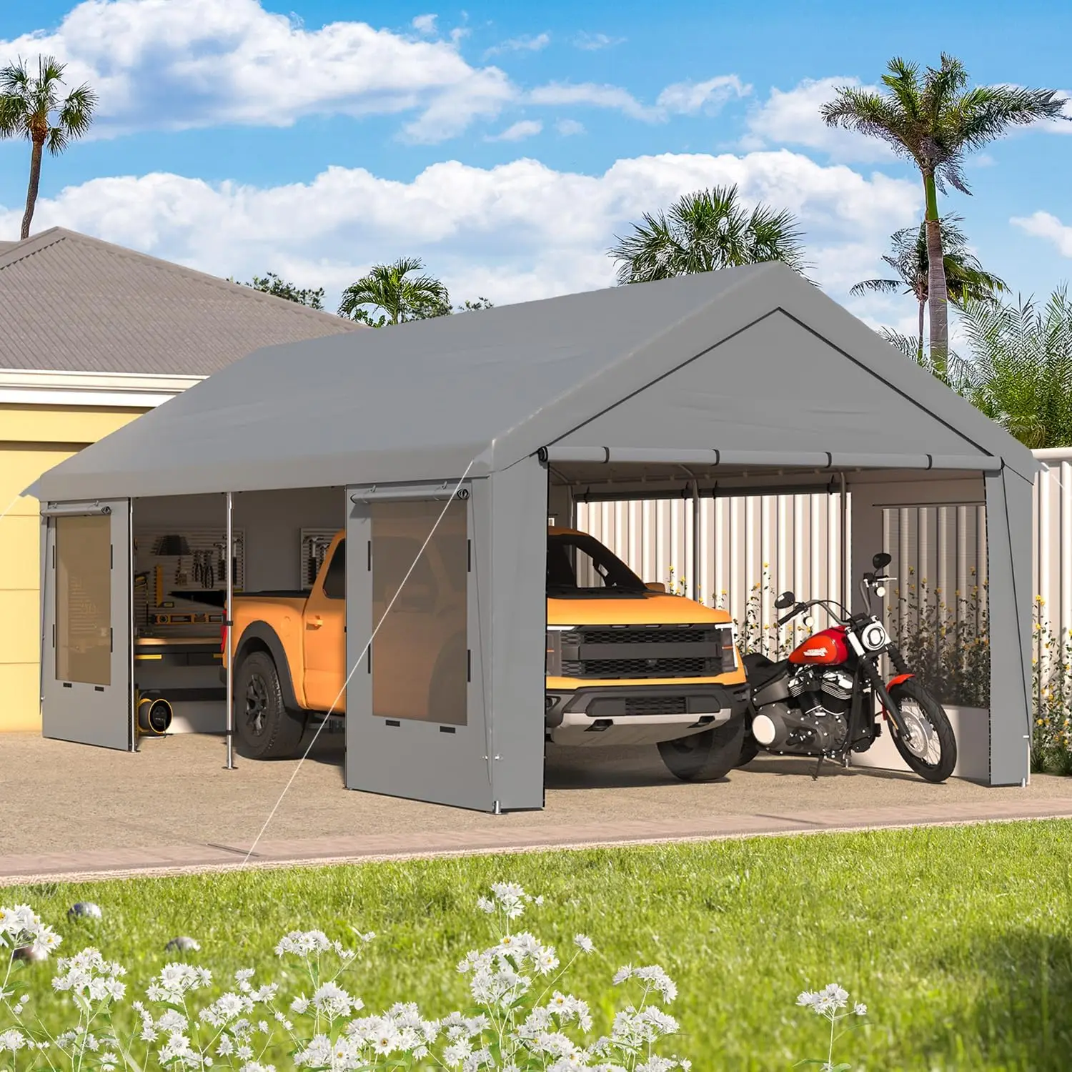 12' x 24' Heavy Duty Carport,Portable Garage with Steel Frame & UV Protection, Car Port for Tractor, Outer Gray and Inner White
12' x 24' Heavy Duty Carport,Portable Garage with Steel Frame & UV Protection, Car Port for Tractor, Outer Gray and Inner White