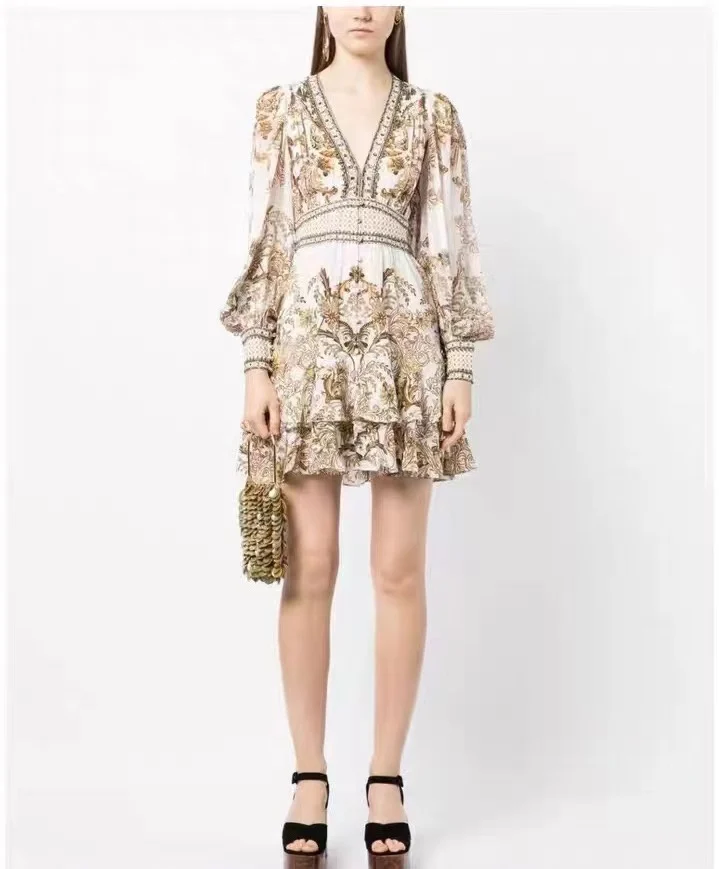 Women Vintage Printed Beaded V-Neck Single Breasted Double Layered Ruffles 100% Silk Mini Dress
Women Vintage Printed Beaded V-Neck Single Breasted Double Layered Ruffles 100% Silk Mini Dress