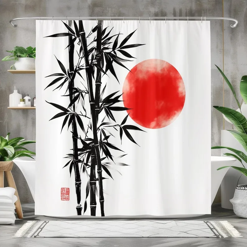 Japanese Bamboo Shower Curtain with Red Sun, Waterproof Fabric Bath Curtain Minimalist Asian Art Black White Red Design
Japanese Bamboo Shower Curtain with Red Sun, Waterproof Fabric Bath Curtain Minimalist Asian Art Black White Red Design