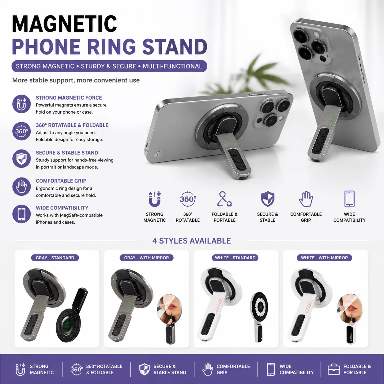 Magnetic Phone Ring Stand 360° Rotatable Phone Holder with Stress Relief Buttons & Mirror Dual-Sided Magnetic for Phone
Magnetic Phone Ring Stand 360° Rotatable Phone Holder with Stress Relief Buttons & Mirror Dual-Sided Magnetic for Phone