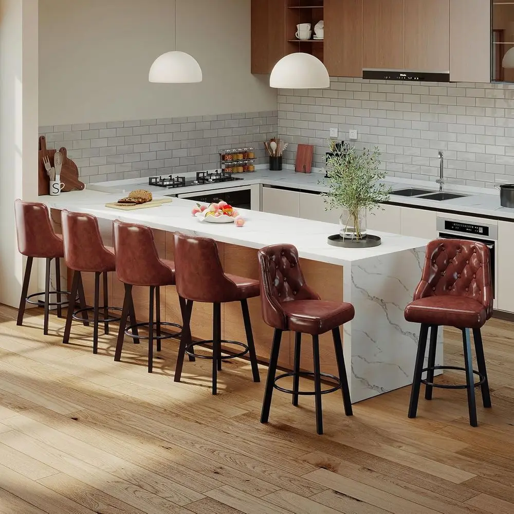Set of 6, 26 Tall Counter Height Bar Stools with Backrest and Footrest, Metal Legs, Faux Leather Upholstery, Suitable for Kitche
Set of 6, 26 Tall Counter Height Bar Stools with Backrest and Footrest, Metal Legs, Faux Leather Upholstery, Suitable for Kitche