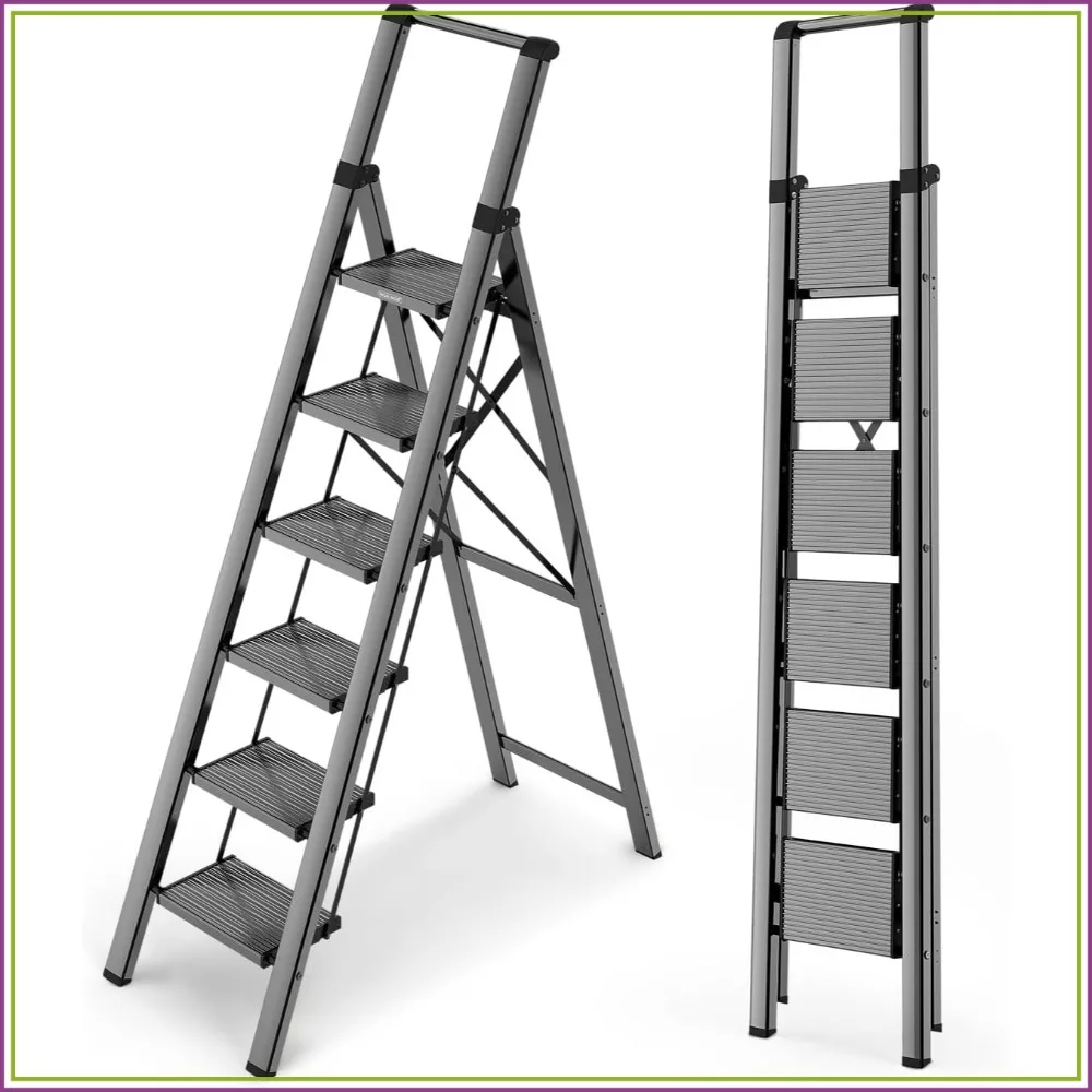 6 Step Ladder for 12ft Ceilings, Lightweight Foldable Stepladder with Non-Slip Wide Pedals, Safe Handrail, 300lbs Capacity - Black
6 Step Ladder for 12ft Ceilings, Lightweight Foldable Stepladder with Non-Slip Wide Pedals, Safe Handrail, 300lbs Capacity - Black