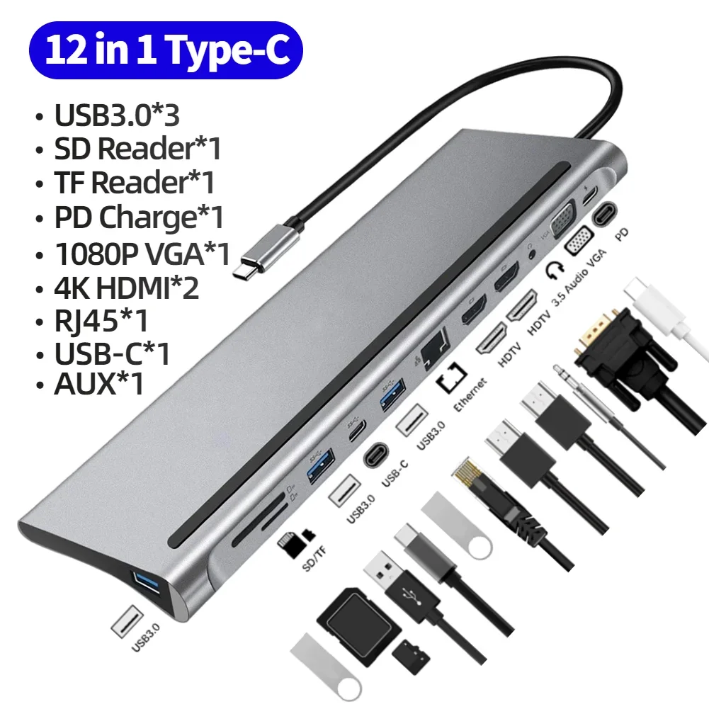 Док-концентратор 12 в 1, USB 3.1 на двойной HDMI-совместимый 4K RJ45 VGA, адаптер с разветвителем нескольких USB, док-станция
Док-концентратор 12 в 1, USB 3.1 на двойной HDMI-совместимый 4K RJ45 VGA, адаптер с разветвителем нескольких USB, док-станция