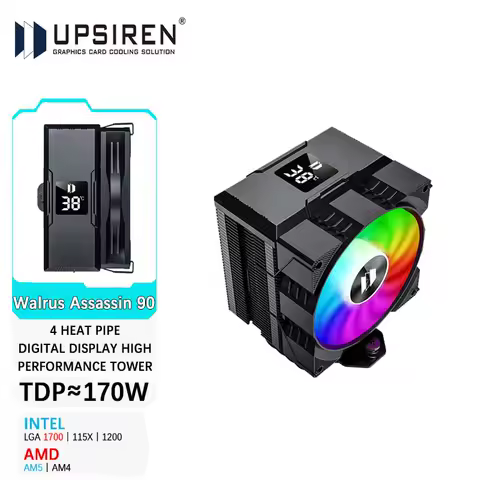 UPSIREN Walrus Assassin 90 디지털 디스플레이 4 히트파이프 CPU 쿨러 LGA1700/1200 AM4 AM5용 92mm 냉각 팬 라디에이터 공기 냉각기